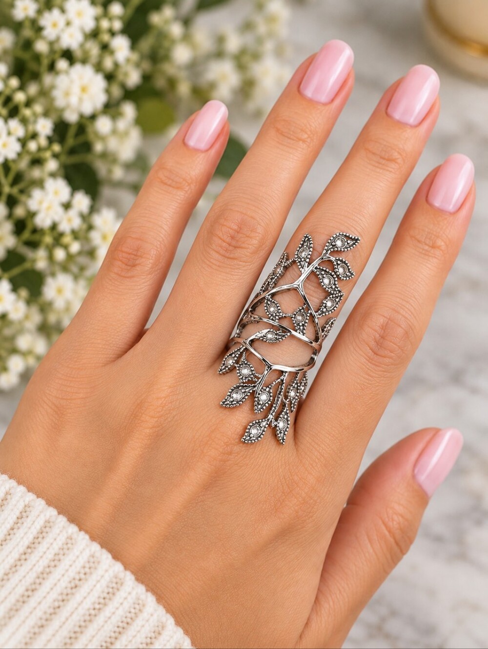 Silver-Tone Crystal Vine Leaf Statement Ring